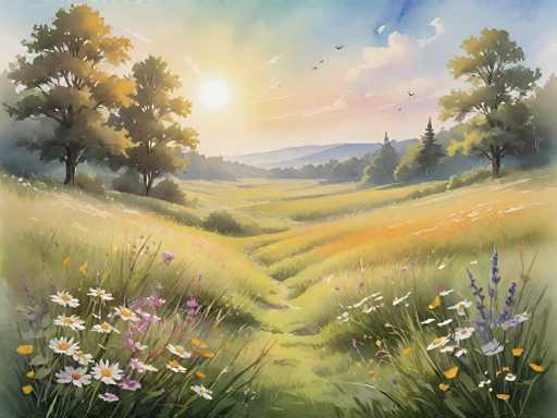 This image is a detailed painting of a serene meadow at sunset. The foreground is adorned with a variety of wildflowers, including white daisies with yellow centers, pink and purple blooms, and tall blue flowers. The meadow is lush with green grass interspersed with patches of yellow, creating a vibrant tapestry of colors. On either side of the meadow, there are tall trees with green leaves, framing the scene beautifully. In the distance, a range of mountains can be seen, adding depth to the landscape. The sky is a stunning blend of blue, pink, and yellow hues, with the sun setting on the left side, casting a warm glow over the entire scene. Birds are depicted flying across the sky, enhancing the peaceful atmosphere. The overall composition captures the tranquil beauty of nature, making it a picturesque and serene landscape.