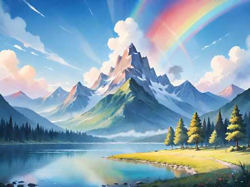 This detailed painting captures a serene and picturesque landscape. Dominating the scene is a majestic mountain range with snow-capped peaks, set against a vibrant blue sky adorned with fluffy white clouds. A striking rainbow arches across the sky, adding a touch of color and magic to the scene. In the foreground, a tranquil lake mirrors the surrounding beauty, its surface reflecting the mountains and sky above. To the right of the lake, a small grassy island is dotted with pine trees and colorful flowers, creating a lush contrast to the water. On the left side, a dense forest of tall pine trees stretches towards the mountains, adding depth and texture to the composition. The overall atmosphere is one of peace and natural beauty, inviting viewers to lose themselves in this tranquil setting.