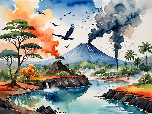 A vibrant watercolor painting depicts a volcanic eruption. A large, snow-capped volcano dominates the center of the image, spewing thick plumes of dark gray smoke and ash into a turbulent sky. The eruption is dramatic, with fiery orange lava cascading down the volcano's slopes and a dark, swirling cloud of ash enveloping the surrounding landscape. 

The foreground features a serene body of water reflecting the dramatic sky and volcano, with dark, jagged rocks lining its banks. Lush green vegetation, including palm trees, dots the landscape around the volcano's base. Several birds are depicted in flight, some soaring above the eruption while others appear to be fleeing from the chaos. 

The watercolor style lends a soft, ethereal quality to the scene, with blended colors and visible brushstrokes adding texture and depth. The overall mood is one of awe-inspiring power and the raw beauty of nature's forces, juxtaposed with a sense of potential destruction.