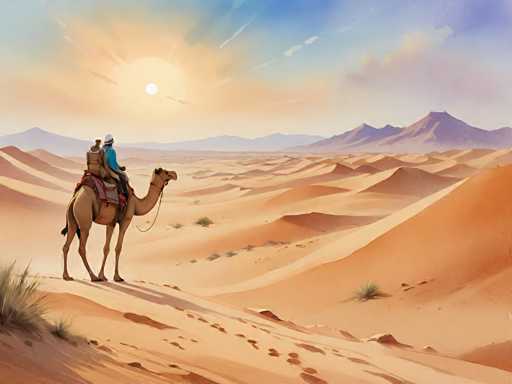 This detailed illustration depicts a serene desert scene with two men riding a camel. The camel, adorned with a red saddle blanket and a brown harness, is positioned on the left side of the image, walking towards the right. The man in front is dressed in a blue shirt and a white hat, while the man behind him wears a brown vest and a brown hat. The desert landscape is characterized by undulating sand dunes in shades of orange and brown, interspersed with small patches of green grass. In the background, a range of mountains stretches across the horizon, beneath a sky that transitions from blue to orange near the horizon, indicating either a sunrise or sunset. The sun itself is prominently visible in the upper left corner, casting a warm glow over the entire scene.
