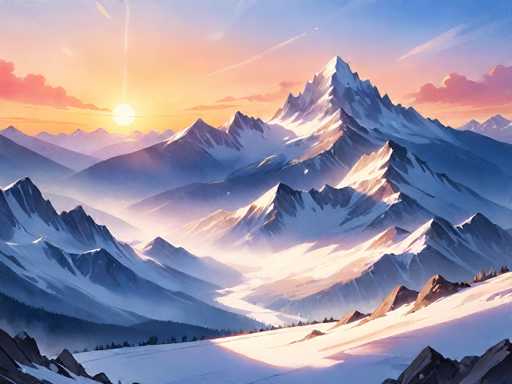 This image is a detailed digital painting of a serene, snow-covered mountain range at either sunrise or sunset. The sky is a gradient of colors, transitioning from a light blue at the top to a warm orange near the horizon, with pink clouds scattered throughout. The sun, positioned just above the horizon on the left side, casts a soft glow over the entire scene. The mountains are depicted in various shades of blue and gray, with their peaks and slopes blanketed in pristine white snow. A winding river or path cuts through the center of the image, leading the viewer's eye towards the majestic mountain in the background. The foreground features a snow-covered hill with a few rocks peeking through, adding depth to the composition. The overall atmosphere is one of tranquility and natural beauty, with the interplay of light and shadow enhancing the painting's realistic yet slightly cartoonish style.