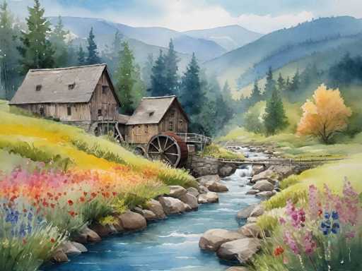 A serene watercolor painting of a traditional watermill nestled in a lush, mountainous landscape. The mill is made of rustic wooden structures with a dark, weathered roof and large water wheel prominently positioned in the foreground. The surrounding landscape is vibrant with rolling green hills, colorful wildflowers in shades of pink, orange, and blue, and tall evergreen trees. A clear stream flows through the scene, cascading over smooth, moss-covered rocks and creating a gentle mist. The overall style is soft and painterly, with delicate washes of color and subtle blending to evoke a sense of tranquility and harmony. The background features distant, hazy mountains under a bright sky with soft clouds, enhancing the peaceful atmosphere of the scene.