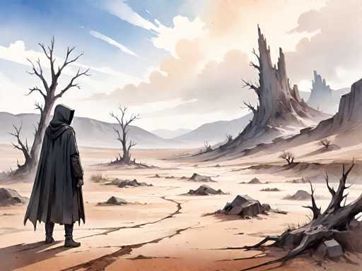 A lone, cloaked figure stands in a desolate, arid landscape. The figure faces a vast, barren horizon with skeletal, dead trees scattered across the cracked earth. Distant mountains rise in the hazy background under a pale sky with wispy clouds. The art style is painterly, with muted earth tones and a focus on atmospheric perspective, creating a sense of solitude and desolation.