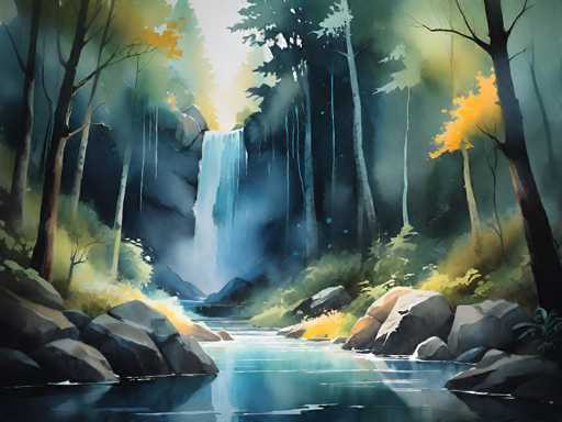 This image is a detailed painting of a serene forest scene centered around a cascading waterfall. The waterfall, positioned slightly to the left of the center, flows down a rocky cliff into a tranquil river that winds through the forest. The water is a light blue, reflecting the sunlight that filters through the dense canopy above. Surrounding the waterfall are tall trees with a mix of green and yellow leaves, indicating the early stages of autumn. The forest floor is covered with lush green grass and scattered rocks, adding to the natural beauty of the scene. The overall atmosphere is one of calm and tranquility, with the sunlight illuminating the landscape and creating a peaceful ambiance.