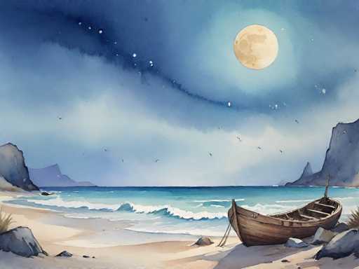 This detailed watercolor painting captures a serene nighttime beach scene. The sky, painted in various shades of blue, is adorned with a full moon in the upper right corner, casting a soft glow over the landscape. Scattered across the sky are numerous stars, adding to the tranquil atmosphere. Below, the ocean stretches out with gentle waves rolling towards the shore, where a sandy beach lies. On the right side of the beach, a wooden rowboat rests on the sand, with its oars tucked inside. The boat is secured to the sand with ropes, and a small rock is placed in front of it. The left side of the image features a few scattered rocks and a hint of grass, while the background reveals distant mountains. The overall composition is a harmonious blend of blues, whites, and browns, creating a peaceful and picturesque scene.