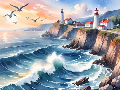 This detailed painting depicts a picturesque coastal scene reminiscent of the New England coast, possibly Maine. The foreground features a dynamic ocean with large, crashing waves that create white foam as they meet the rocky shoreline. The cliffs, which are a mix of brown and gray hues, rise steeply from the water, adorned with patches of green grass. Atop these cliffs stand two prominent lighthouses: one tall and white, the other shorter and white with a red top. Surrounding the lighthouses are several white houses with red roofs, adding to the quaint coastal charm. A winding road runs along the top of the cliffs, leading to the lighthouses and houses. The sky above is a vibrant blend of blue and orange, dotted with fluffy white clouds, and a flock of seagulls can be seen flying in the distance. The overall scene captures the serene yet rugged beauty of a coastal landscape, with the interplay of water, cliffs, and sky creating a harmonious and captivating composition.
