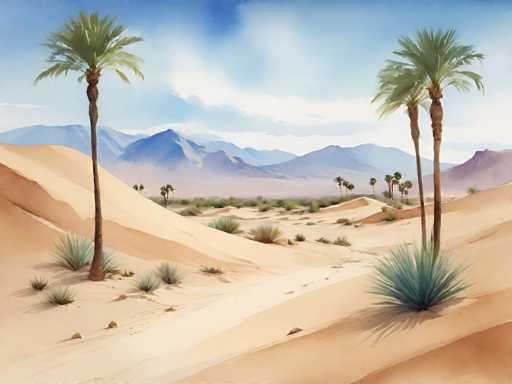 This image is a detailed painting of a desert landscape. The foreground features a sandy terrain with small dunes and scattered green shrubs, including some palm trees. The palm trees are particularly prominent, with one on the left side of the image and three on the right. The sand is a light tan color, contrasting with the green vegetation. In the middle ground, more palm trees and shrubs can be seen, adding depth to the scene. The background showcases a range of blue mountains, with the closest ones appearing darker and those further away fading into lighter shades. Above the mountains, the sky is a clear blue with a few wispy white clouds. The overall composition captures the essence of a serene, expansive desert environment.