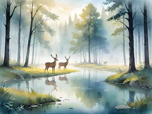 This detailed painting depicts a serene forest scene with a small lake or pond at its center. The water is calm, reflecting the surrounding trees and the two brown deer standing on the grassy shore. These deer, with their antlers, are positioned prominently in the foreground, facing each other. In the background, a dense forest of tall trees with green leaves stretches into the distance, partially obscured by a light fog that adds a mystical quality to the scene. The sky above is a blend of blue and white, with sunlight filtering through the clouds, casting a gentle glow over the landscape. The overall atmosphere is tranquil and picturesque, capturing the essence of a peaceful woodland setting.