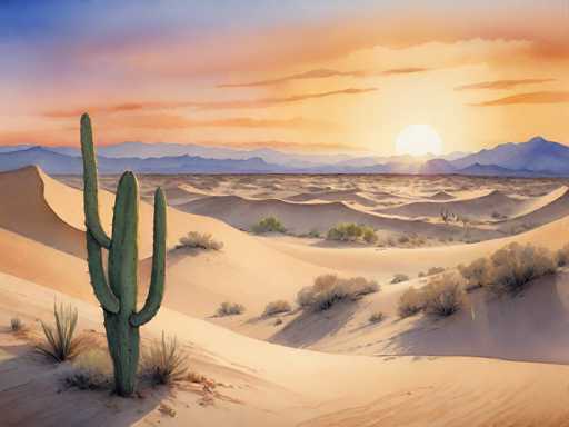 This detailed painting depicts a serene desert landscape at sunset. The foreground features a prominent green cactus with four arms, standing tall amidst the sandy terrain. Surrounding the cactus are various desert plants, including small bushes and patches of grass, adding texture to the arid scene. The expansive sandy area stretches out towards the horizon, where a range of bluish mountains can be seen in the distance. The sky is a breathtaking blend of colors, with the setting sun casting a warm glow of orange, yellow, and pink across the clouds. The sun itself is partially obscured by the mountains, creating a dramatic interplay of light and shadow. The overall composition captures the tranquil beauty and vastness of the desert at dusk, with the interplay of natural elements and the vibrant sky creating a captivating visual experience.