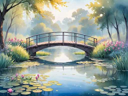 A serene, watercolor-style painting of a charming wooden bridge arching over a tranquil pond. The water is calm, reflecting the soft sunlight and surrounding lush greenery. Pink water lilies dot the surface, with a few pink blossoms floating on the water's surface. The bridge is made of dark wood, with a gentle curve and delicate railings. Soft, hazy light filters through the trees in the background, creating a dreamy atmosphere. The overall color palette is muted and pastel, with shades of blue, green, pink, and yellow. The style evokes a sense of peace and tranquility, inviting the viewer to step into this idyllic scene.