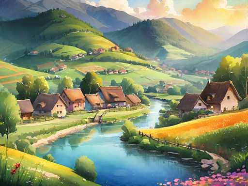 This detailed painting depicts a serene countryside scene, likely set in the English countryside or a similar rural area. The foreground features a gently flowing river that winds through the landscape, bordered by lush green grass and vibrant flowers. A quaint bridge spans the river, connecting the two sides of the scene. On the left bank, there are several small houses with brown roofs, each surrounded by its own patch of greenery. The right bank is adorned with a variety of colorful flowers, adding to the idyllic charm of the setting.

In the background, rolling hills and majestic mountains rise, their slopes dotted with more houses and patches of farmland. The sky above is a mix of blue and white, with clouds tinged by the warm hues of a setting sun, casting a golden glow over the entire scene. The painting captures the essence of a peaceful, pastoral life, with no signs of modern intrusion, emphasizing the timeless beauty of rural living.