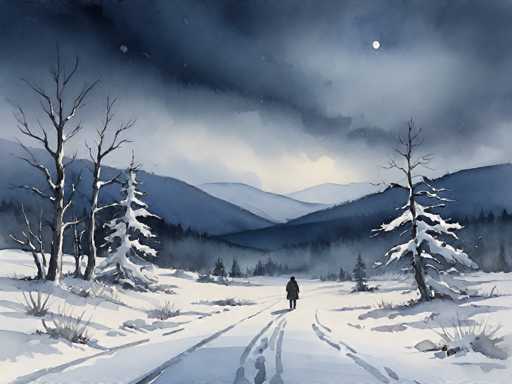 This detailed watercolor painting depicts a serene winter night scene. The sky is a deep blue, adorned with wispy clouds and a full moon that casts a gentle glow over the landscape. In the background, a range of mountains stretches across the horizon, their peaks dusted with snow. The foreground features a snowy road, marked by footprints and tire tracks, leading towards the mountains. Flanking the road are barren trees, their branches stark against the white snow, with a few evergreen trees adding a touch of green to the scene. A lone figure, dressed in a black coat and hat, walks away from the viewer along the road, adding a sense of mystery and solitude to the tranquil winter night.