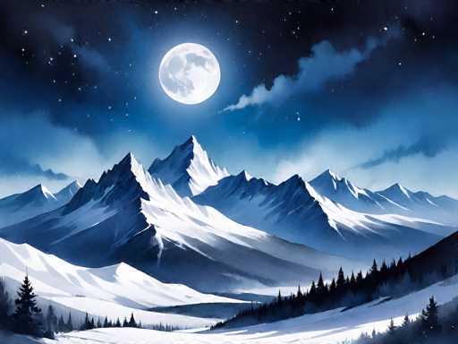 This detailed painting depicts a serene winter night scene. The sky is a deep, dark blue, adorned with wispy clouds and numerous stars, with the moon prominently centered, casting a soft glow over the landscape. Below the celestial display, a majestic mountain range stretches across the image, its peaks and slopes cloaked in pristine snow. The mountains vary in height, with some towering into the sky and others gently sloping downwards. In the foreground, a snow-covered valley extends from the bottom left to the bottom right, flanked by dense clusters of pine trees. The trees are particularly concentrated on the right side of the image, with a few scattered on the left. The entire scene is rendered in shades of blue, white, and gray, emphasizing the tranquil and cold atmosphere of the winter night.