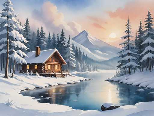 This detailed painting captures a serene winter landscape featuring a cozy log cabin nestled beside a partially frozen lake. The cabin, constructed from brown logs, boasts a snow-covered roof and a prominent brick chimney. Warm yellow light emanates from the windows, suggesting a welcoming interior. A small porch with a railing and steps leads down to the lake's edge, which is dotted with patches of snow-covered rocks. Surrounding the cabin are tall pine trees, their branches heavy with snow. In the background, a majestic snow-capped mountain rises, with the sun either rising or setting behind it, casting a soft glow across the scene. The sky above is a blend of blue and pink hues, with clouds tinged in pink, adding to the tranquil atmosphere. The overall composition evokes a sense of peaceful isolation and natural beauty, reminiscent of a storybook illustration.