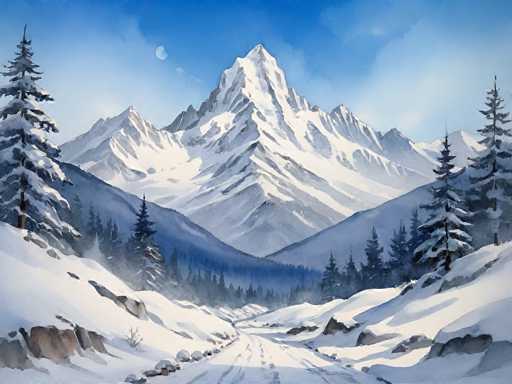 A serene, wide-angle watercolor painting of a snow-covered mountain landscape. The scene is dominated by majestic, snow-capped mountains in the distance, their peaks reaching towards a clear blue sky with a pale crescent moon. The foreground features a snow-covered path winding through the mountains, flanked by evergreen trees dusted with snow. The overall color palette is cool and muted, with soft blues, whites, and grays creating a sense of tranquility. The style is loose and impressionistic, capturing the essence of a winter wonderland with delicate brushstrokes and subtle variations in tone.