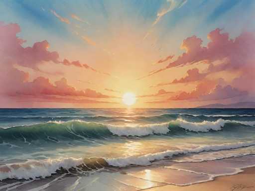 This image is a detailed painting of a serene beach at sunset. The scene is dominated by a vast expanse of water, which could be either an ocean or a large lake, stretching from the left to the right side of the image. The water is depicted in a gradient of blue, with gentle waves rolling towards the shore. The shoreline is visible in the bottom right corner, where the sand appears to be a mix of tan and brown hues, with some areas reflecting the light from the setting sun.

The sky above is a stunning display of colors, transitioning from a deep blue at the top to vibrant shades of orange and yellow near the horizon. The sun, positioned just above the waterline, casts a warm glow across the entire scene. Scattered clouds in the sky are tinged with pink and orange, adding to the tranquil atmosphere.

The overall composition captures the peacefulness of a beach at sunset, with the interplay of light and water creating a harmonious and picturesque view.