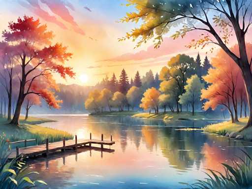This detailed painting captures a serene autumnal landscape at sunset. The sky is a blend of blue, pink, and yellow hues, with wispy clouds tinged in pink. The sun, a glowing yellow orb, is setting on the left side of the image, casting a warm light over the scene. In the foreground, a wooden dock extends from the bottom left corner into a tranquil lake, which reflects the vibrant colors of the sky and surrounding trees. The lake is bordered by lush green grass and tall trees adorned in a spectrum of fall colors—reds, oranges, yellows, and greens. The trees' reflections shimmer on the water's surface, enhancing the peaceful ambiance. In the background, a dense forest of tall pine trees stretches across the horizon, adding depth to the composition. The overall scene is a harmonious blend of natural elements, capturing the essence of a tranquil autumn evening.