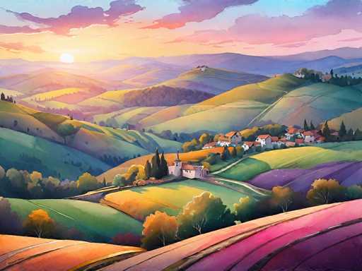 This vibrant, cartoon-style illustration depicts a picturesque countryside at sunset. The scene is dominated by rolling hills and lush green fields, interspersed with patches of pink, purple, and orange flowers. In the foreground, a quaint village with white houses and red roofs nestles among the hills, while a prominent church with a tall steeple stands out. The sky is a mesmerizing blend of blue, pink, and yellow hues, with the sun setting on the left side, casting a warm glow over the landscape. The entire image is filled with a rich palette of colors, including various shades of green, yellow, orange, pink, purple, blue, and brown, creating a harmonious and serene atmosphere.