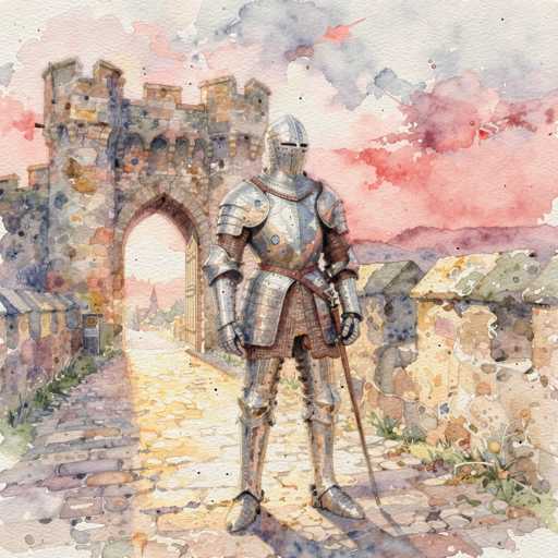 The image depicts a detailed watercolor painting of a medieval knight standing on a cobblestone path leading into a castle. The knight, clad in full silver armor with a brown belt and a brown skirt-like garment, holds a long sword in his left hand. His helmet features narrow eye slits and a small slit for the mouth, giving him a stoic expression. The castle, constructed from brown and gray stone, features a prominent archway with open doors, revealing a glimpse of the castle's interior. The sky above is a blend of pink, blue, and gray hues, adding a dramatic backdrop to the scene. The cobblestone path is bordered by stone walls on either side, with patches of grass and weeds growing at the base. The overall composition captures the essence of a medieval setting with a rich, atmospheric quality.