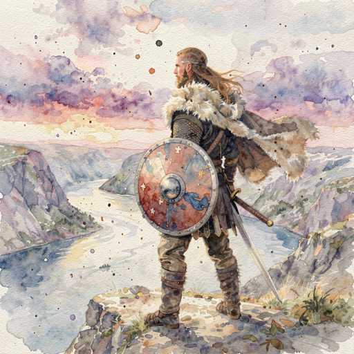 The image depicts a detailed watercolor painting of a Viking warrior standing on a rocky cliff overlooking a winding river that cuts through a mountainous landscape. The Viking, with long blonde hair and a beard, is adorned in a fur-lined cape and a fur-trimmed hood. He wears a silver headband and a metal vest, complemented by brown pants and brown boots. In his right hand, he holds a round shield decorated with red, blue, and silver stars, while his left hand grips a long sword. The scene is set against a backdrop of purple and blue clouds, with hints of a setting sun casting a warm glow over the river below. The Viking stands poised, gazing out at the serene yet majestic landscape, embodying the essence of a warrior ready for battle.