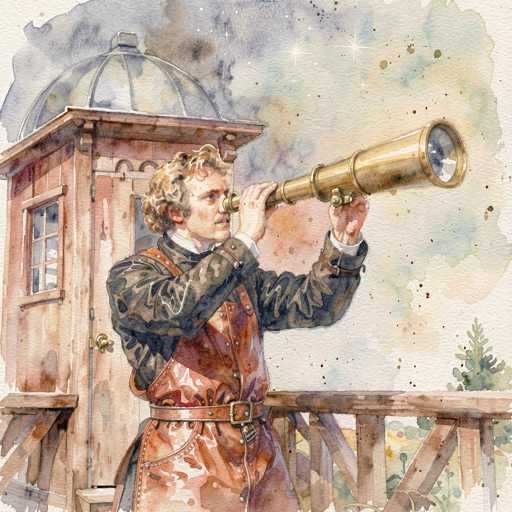 The image is a detailed watercolor painting of a man peering through a large, golden telescope. He is dressed in a brown leather jacket and an orange leather vest, with a white shirt collar peeking out. His curly, light brown hair frames his face as he looks intently through the telescope, which is angled towards the upper right corner of the image. The background features a wooden observatory building with a glass dome on top, situated on a wooden platform. The sky is a blend of blue, gray, and white hues, with stars scattered throughout. A green tree is visible in the bottom right corner, adding a touch of nature to the scene. The overall composition captures the man's focused gaze as he explores the celestial world through his telescope.