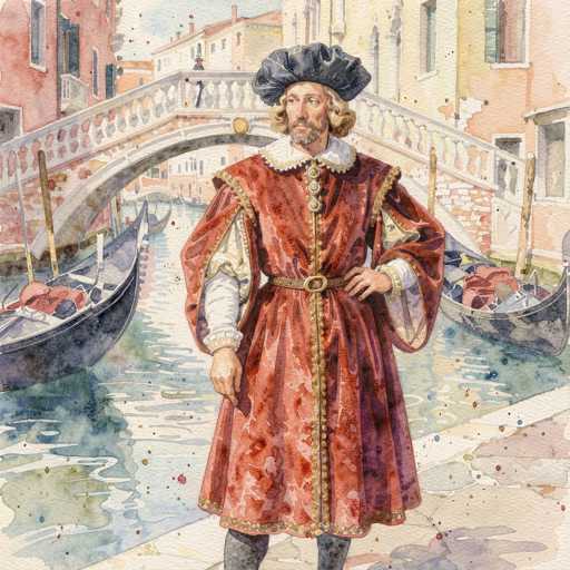 This detailed watercolor painting depicts a historical figure, possibly a king or nobleman, standing on a stone bridge in a picturesque European setting, likely Venice. The man, who has long blonde hair and a beard, is adorned in a richly decorated red robe with gold trim, a large white collar, and a brown belt. He wears a distinctive black hat resembling a beret. The background features a serene canal with two gondolas, one on each side of the bridge, and a white stone archway spanning the water. Surrounding the canal are buildings painted in shades of pink, yellow, and red, with some displaying chimneys. The scene is bathed in daylight, with a clear blue sky overhead, enhancing the vibrant and tranquil atmosphere of the painting.