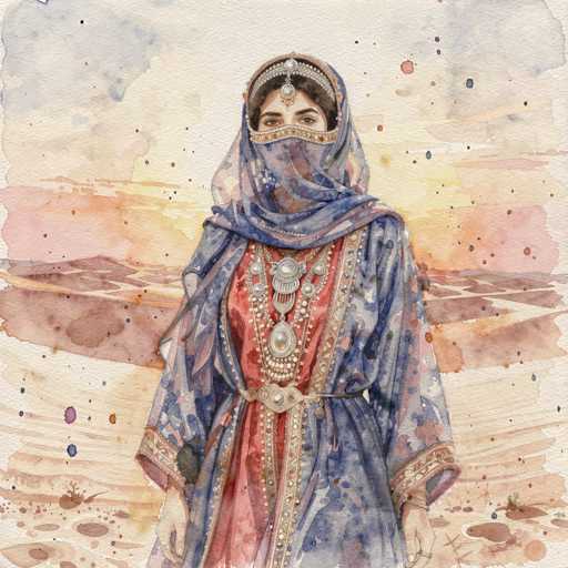 The image depicts a detailed watercolor painting of a woman dressed in traditional Middle Eastern attire, standing in a desert landscape. She is adorned in a long, flowing red dress with intricate gold and silver embellishments, including a prominent belt with a large silver buckle. Her head is covered by a blue scarf that drapes over her shoulders and down her back, and she wears a sheer veil that extends from her forehead down to her nose, leaving only her eyes visible. A silver tiara with a jewel hangs from her forehead, adding to her regal appearance. She is adorned with multiple necklaces, each featuring large silver medallions. The background showcases a vibrant sunset with hues of orange, pink, and yellow, casting a warm glow over the sandy terrain. The painting is rich in detail, with splashes of paint adding texture and depth to the scene.