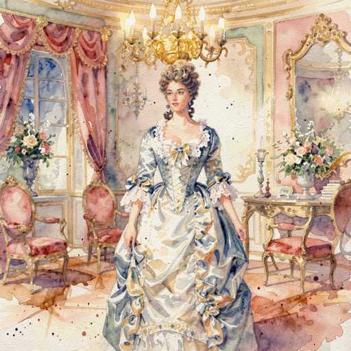 The image depicts a detailed watercolor painting of a Victorian-era woman standing in an opulent room. She is dressed in a long, elaborate gown with a blue bodice, white skirt, and a yellow bow at the front. Her hair is styled in an elegant updo, and she wears long earrings. The room features a grand chandelier hanging from the ceiling, casting light over the scene. To her left, there are two windows adorned with pink curtains, and a blue vase filled with flowers sits on the windowsill. The floor is covered with a pink carpet, and the walls are painted in shades of pink and green. On the right side of the image, there is a desk with a gold frame, topped with a white vase containing pink flowers and a candle. A large mirror with a gold frame hangs on the wall above the desk. The room is further decorated with pink chairs and a table, contributing to the overall luxurious atmosphere.