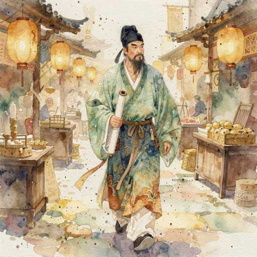 The image depicts a detailed watercolor painting of a man walking through a bustling Asian market street. The man, who appears to be of Asian descent, is dressed in a long, green robe adorned with floral patterns and tied with a brown belt. He wears white pants, black shoes, and a black hat with a tassel. His facial features include a long black goatee and mustache. In his right hand, he holds a large scroll, while his left hand hangs by his side. The market street is lined with various shops and stalls, each illuminated by yellowish-orange lanterns hanging from the roofs. The ground is a vibrant mix of colors, resembling a watercolor painting with splashes of yellow, green, blue, and purple. In the background, people can be seen shopping, adding to the lively atmosphere of the scene.