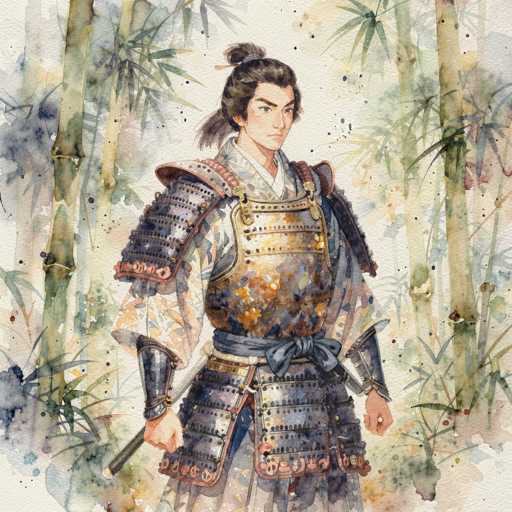 The image depicts a detailed watercolor painting of a Japanese samurai warrior standing in a serene bamboo forest. The samurai, with long dark hair tied into a ponytail and a bun on top, gazes directly at the viewer. He is adorned in a traditional kimono, over which he wears a silver chest plate and shoulder armor, secured by a gray sash tied at the waist. His forearms are protected by metal gauntlets, and he holds a sword in his right hand. The background features bamboo trees with green leaves, rendered in a soft, impressionistic style with watercolor splashes. The overall scene is set against a light gray backdrop, enhancing the focus on the samurai and the tranquil forest setting.