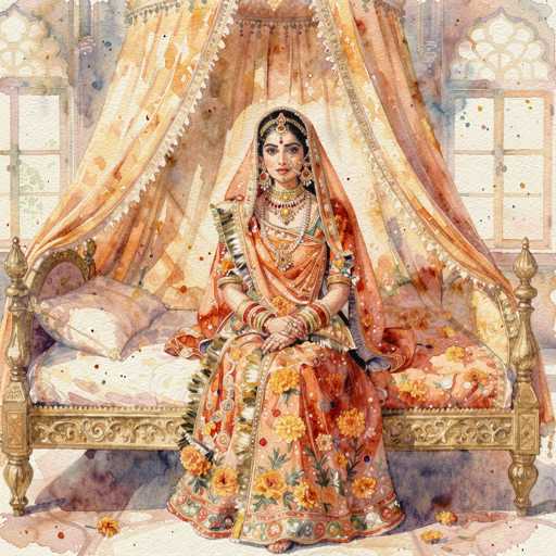 The image depicts a detailed watercolor painting of an Indian princess seated on an ornate, golden bed. The princess is adorned in a vibrant orange dress embellished with yellow flowers and green leaves, and she wears a matching orange veil. Her elaborate jewelry includes a large necklace, earrings, bracelets, and a headpiece with a red jewel on her forehead. She sits gracefully with her hands folded in her lap, her feet partially visible. The bed features a white mattress, a pink pillow, and a pink blanket, all covered by a decorative orange curtain with white tassels. Behind her, the room's walls are painted in shades of pink and purple, and there are windows on either side, adding to the regal ambiance of the scene.