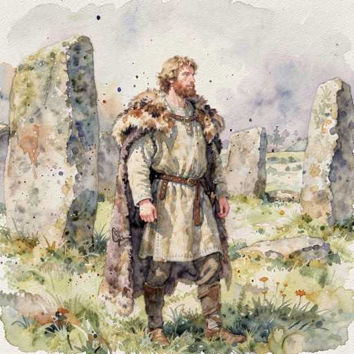 The image depicts a detailed watercolor painting of a man standing in a grassy field, surrounded by large, ancient stones that resemble those at Stonehenge. The man, who has a fair complexion, is dressed in attire reminiscent of a Viking or medieval period. He wears a long, white tunic that extends to his knees, cinched at the waist with a brown belt. His legs are clad in dark brown pants, and he sports tall, brown leather boots that lace up to his knees. Draped over his shoulders is a fur cape, with a mix of brown and white fur, adding to his imposing presence. His long, curly blonde hair and full red beard frame his face, which is turned slightly to the right, gazing into the distance. The background features a cloudy sky, with hints of blue peeking through, and the grassy field is dotted with small orange flowers. The overall scene evokes a sense of ancient mystery and timelessness.