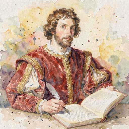 The image depicts a detailed watercolor painting of a man, likely from the 16th or 17th century, dressed in a red velvet robe with gold trim and white sleeves. He has long, curly brown hair that reaches his shoulders, a full beard, and a mustache. The man is seated at a table, holding a quill in his right hand and an open book with blank pages in his left. His gaze is directed straight at the viewer, giving the impression of a self-portrait. The background features a blend of colors including yellow, green, blue, and purple, with speckles of paint adding texture. The overall composition is square, with the man positioned centrally, creating a balanced and symmetrical visual effect.