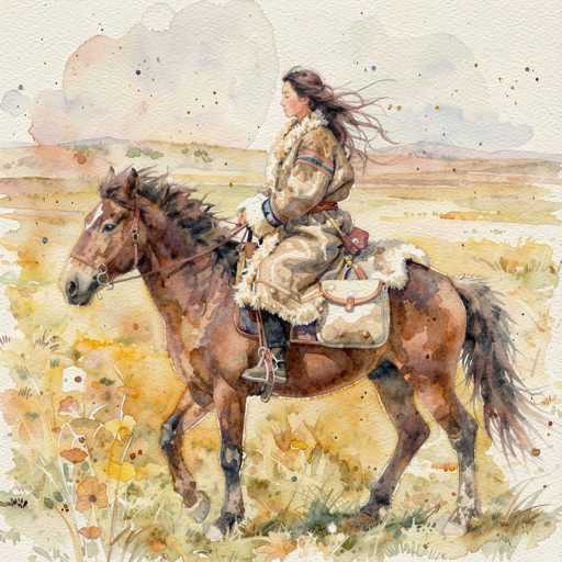 This image is a detailed watercolor painting on a square canvas, depicting a serene scene of a young Native American woman riding a horse. The woman, who has long dark hair and is wearing a traditional long dress with a fur-lined collar, is seated on a brown horse with a black mane. The horse is adorned with a black saddle and a black and white blanket. A brown leather strap is attached to the horse's bridle, and the woman holds the reins in her right hand. She is also wearing a fur-lined jacket and black pants, with a white leather bag hanging from the saddle. The background features a vast field of tall grasses and wildflowers, with a distant mountain range under a sky dotted with clouds. The painting is rich in detail, capturing the textures of the clothing and the natural elements of the landscape.