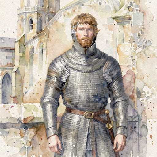 The image depicts a medieval knight standing in front of a grand, cathedral-like building. The knight is clad in full, shiny silver armor, complete with a high collar that extends up to his ears. His armor features intricate details, including a brown belt with a gold buckle and a sword sheathed at his side. The knight has short, curly brown hair and a matching beard, and he gazes directly at the viewer with a serious expression. The background building is large and imposing, with a prominent tower and arched windows, rendered in muted tones of brown, gray, and white. The overall scene is set against a light gray sky, adding to the medieval and solemn atmosphere of the image.