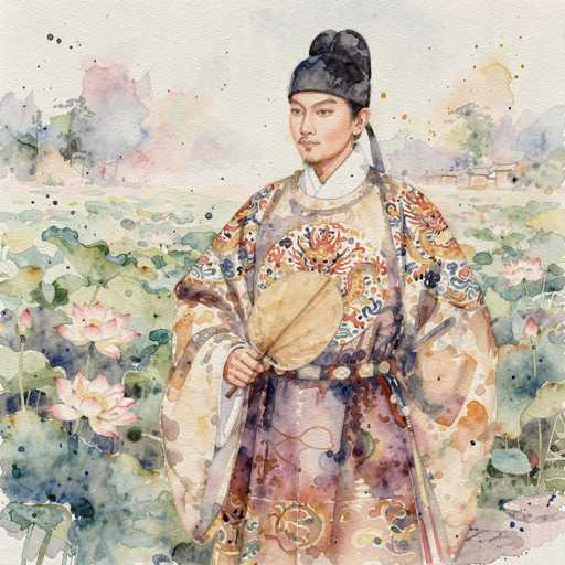The image depicts a detailed watercolor painting of an Asian man, possibly Japanese or Chinese, standing in a serene garden. He is dressed in a traditional, colorful kimono adorned with intricate dragon and floral patterns in shades of blue, red, yellow, and purple. The man's black hair is styled in a topknot, and he wears a black hat that resembles a fez. He holds a small, round fan in his right hand, which is positioned in front of his waist. His facial features include a small goatee and a mustache. The background showcases a tranquil garden with green leaves, pink and white lotus flowers, and a few distant buildings. The sky above is a light gray, adding to the overall calm and contemplative atmosphere of the scene.
