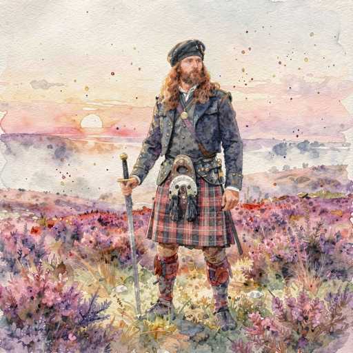 The image depicts a detailed watercolor painting of a Scottish warrior standing in a field of vibrant purple and pink flowers. The man, who appears to be a soldier, is dressed in a traditional red and black plaid kilt, complemented by red and black knee-high socks and black boots. He wears a blue jacket over a gray vest, and a black beret sits atop his long, curly red hair. His face is adorned with a full beard and mustache, and a purple sash drapes across his chest, holding a large gold medallion. A sword is firmly planted in the ground beside him, and a leather belt with a silver buckle and a small metal shield hangs from his waist. The background features a serene landscape with a body of water, possibly a lake or ocean, and a setting sun casting a pink and orange glow across the sky. The scene is further enhanced by the presence of distant mountains and a few clouds, creating a picturesque and tranquil setting.