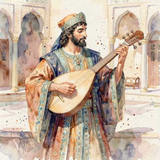 This detailed watercolor painting depicts a man standing in front of a grand, ornate building with multiple arches and doorways, reminiscent of Middle Eastern architecture. The man, who appears to be of royalty, is adorned in a luxurious, colorful robe featuring shades of blue, green, and orange. His attire includes a long-sleeved garment with a skirt-like bottom, and he wears a distinctive crown with a blue band and a red jewel on top. He has long, curly brown hair, a full beard, and a mustache. In his hands, he holds a stringed instrument, possibly a banjo or a lute, with a rounded body and a long neck. The background includes a bench and a small step leading up to the building, adding depth to the scene. The overall composition is rich in detail, capturing the essence of a historical or royal figure in a vibrant, artistic setting.