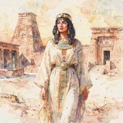 This detailed watercolor painting depicts an ancient Egyptian woman standing in a desert landscape, surrounded by the ruins of an old city. The woman, who appears to be of royalty, is adorned in a long, white robe with intricate gold and blue patterns, and a matching belt that cinches her waist. Her dark hair is styled in a ponytail, and she wears a gold crown with a central jewel. She also sports long, dangling gold earrings. The background features a sky with hues of yellow, blue, and white, and the ruins include a tall pyramid-like structure, a building with a doorway, and a set of stairs leading to another entrance. The ground is a mix of sand and scattered rocks, adding to the arid atmosphere of the scene.