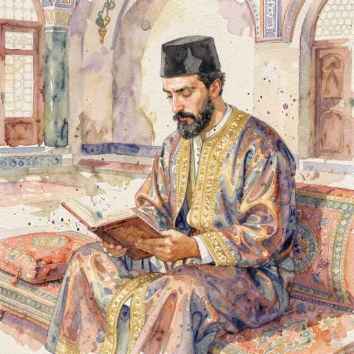 The image is a detailed watercolor painting of a man, possibly a religious figure, seated on a bench inside a building. The man is dressed in a long, colorful robe that features shades of blue, purple, and orange, with gold trim along the collar and sleeves. He wears a black, square-shaped hat and has a full beard with a mix of black and gray hair. His eyes are closed as he reads a brown book with gold trim, which rests on his lap. The bench he sits on is adorned with a red and blue blanket, and there is a red pillow beside him. The background reveals a white wall with blue trim and two brown doors, one on each side of the image. The overall scene is rich in detail, with splashes of various colors adding to the vibrant atmosphere.