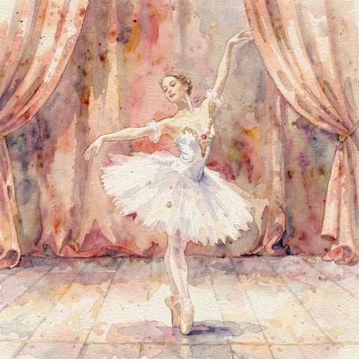 This watercolor painting captures a graceful ballerina in mid-dance on a stage. She is adorned in a flowing white dress with delicate gold trim and a prominent red jewel at the center. Her hair is elegantly styled in a bun, and she wears ballerina slippers. The ballerina is poised on her toes, with her right arm extended to the side and her left arm gracefully raised above her head. The stage floor beneath her is a blend of light brown, gray, and white hues, while the backdrop features a large, multicolored curtain with shades of pink, purple, red, and orange. The curtain is tied back on either side, revealing the ballerina's serene and focused expression as she looks down at her right hand.