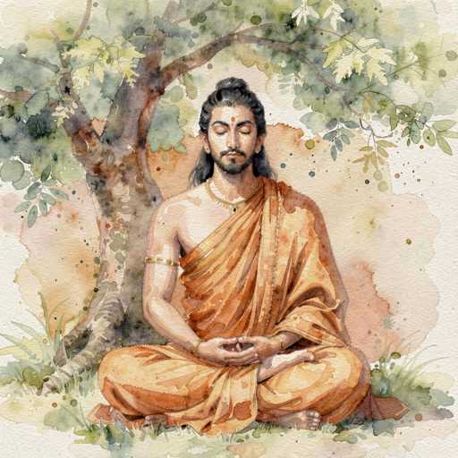The image depicts a serene watercolor painting of a man, possibly a monk or religious figure, seated in a cross-legged position on a grassy area. He is barefoot and dressed in an orange robe that drapes over his left shoulder, leaving his right shoulder bare. His attire includes a gold necklace, a gold bracelet on his right arm, and a gold bangle on his wrist. The man has long, dark hair tied back in a ponytail, a mustache, and a beard. His eyes are closed, and his hands are resting in his lap with his palms facing up, suggesting a meditative state. Behind him, a tree with a brown trunk and green leaves stands, adding to the tranquil atmosphere. The background features a blend of light brown and white hues, with splashes of green and blue, creating a soft, dreamy effect. The overall composition evokes a sense of peace and spiritual contemplation.