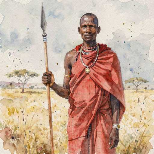 The image depicts a detailed watercolor painting of a tall, slender African man standing in a vast, open field. He is dressed in a red robe with a plaid pattern, which is draped over his left shoulder and secured at the waist. The man's right shoulder is bare, and he wears a gold bangle on his right arm. His left wrist is adorned with a white and gold bracelet. Around his neck, he has multiple necklaces, including a red and white beaded one, a white beaded one, and a gold one with a round pendant. He holds a long spear with a wooden handle and a grayish metal point in his right hand. The man's face is marked with white paint, and he has a bald head with a small patch of black hair at the back. The background features a cloudy sky with grayish-blue tones, and two trees with green leaves are visible on either side of him. The field around him is filled with tall, yellowish grass, adding to the serene and expansive atmosphere of the scene.