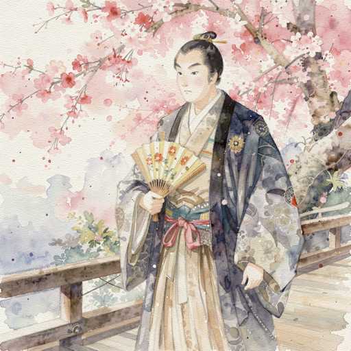 The image depicts a detailed watercolor painting of a Japanese man standing on a wooden bridge. He is dressed in a traditional kimono, predominantly blue with intricate floral patterns in shades of gray, white, and blue. The kimono features a red sash tied around his waist, and the inner lining is a light tan color. The man's black hair is styled in a bun, and he has a serious expression on his face. In his right hand, he holds an open fan adorned with red and orange flowers. The bridge, constructed of wooden planks, has a railing on the left side. Behind him, a cherry blossom tree with pink and white blossoms is in full bloom, set against a backdrop of a blue sky with white clouds. The overall scene captures a serene and picturesque moment, blending traditional Japanese attire with natural beauty.