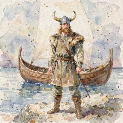 This detailed watercolor painting depicts a Viking standing on a rocky shoreline, with a Viking ship in the background. The Viking is adorned in a long, fur-trimmed coat and pants, complemented by tall, laced boots. His attire includes a fur cape draped over his shoulders and a silver helmet with two prominent horns. The Viking's long, flowing blonde hair and beard add to his imposing presence. A sword is sheathed at his side, and a crossbody bag rests on his shoulder. The scene is set against a backdrop of a blue sky with white clouds, and the water is a mix of blue and gray hues. The Viking ship, characterized by its brown wooden hull and white sail, is positioned behind him, enhancing the historical ambiance of the painting.