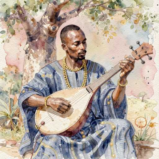 This watercolor painting depicts a serene scene of a black man playing a stringed instrument, possibly a banjo or a lute, with a focused expression. He is seated on the ground, wearing a long, flowing blue robe adorned with white and gold dots, and a matching blue cape. His attire includes a long, beaded necklace that extends down to his waist. The man has short black hair, a goatee, and is barefoot. His right hand holds the neck of the instrument, while his left hand strums its four strings. The background features a large tree with green leaves and a pinkish sky, adding to the tranquil atmosphere. The painting is rich in detail, with the instrument's strings and the man's attire meticulously rendered, capturing the essence of a peaceful moment.