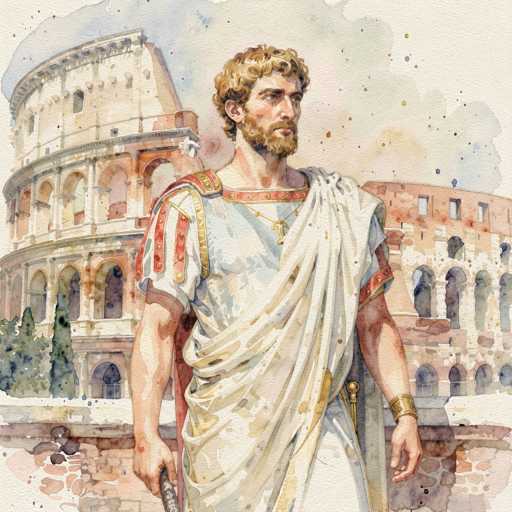 This detailed watercolor painting depicts a Roman soldier standing in front of the iconic Colosseum. The soldier, with curly blonde hair and a full beard, is dressed in a white toga adorned with red and gold accents. He wears a gold necklace and a gold bracelet on his left wrist, and his right hand holds a sword. The background features the Colosseum with its distinctive arches, and the sky is a blend of blue and white with scattered dots, possibly representing birds or weather. The scene is framed by green trees and a brick wall, adding depth to the composition. The overall color palette includes shades of blue, white, gray, brown, red, gold, and green, creating a vivid and atmospheric portrayal of ancient Rome.