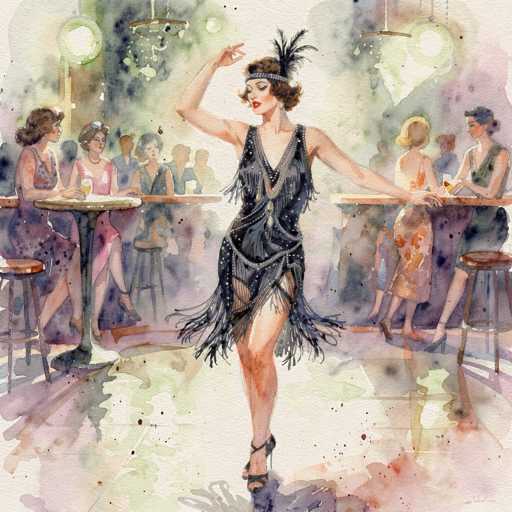 The image is a detailed watercolor painting of a lively speakeasy scene from the 1920s. At the center of the composition is a woman dancing the Charleston, adorned in a black flapper dress with silver sequins and fringes. Her outfit is complemented by a headband with a feather, a matching feather in her short brown hair, and black high heels. She is captured mid-dance, with one arm raised and the other resting on a bar. The bar, which spans the width of the image, is populated by women in various colored dresses—pink, orange, and purple—some of whom are holding glasses of yellow liquid. The background features a mix of seated and standing figures, adding to the bustling atmosphere. The floor beneath the dancer is a blend of white, green, and red hues, while the walls are painted in shades of green and purple. The overall scene is vibrant and dynamic, capturing the essence of a lively night out in the Roaring Twenties.