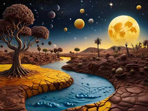 The image depicts a surreal landscape with a river flowing through it and surrounded by trees and mountains. The sky is filled with stars, creating an otherworldly atmosphere. In the center of the scene, there is a large yellow planet that appears to be floating in space. The colors used are predominantly browns, greens, and yellows, giving the image a dreamlike quality.