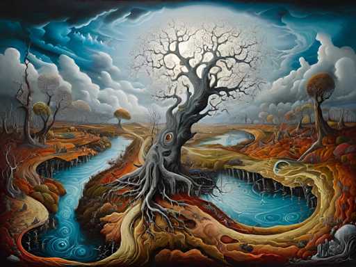 This image is a highly detailed, computer-generated painting of a surreal, fantastical landscape. Dominating the center is a large, gnarled tree with twisted branches and an eye-like knot in its trunk, giving it a mystical appearance. The tree's roots are exposed, adding to its eerie presence. Surrounding the tree is a winding river that meanders through the scene, creating a sense of depth and movement. The sky above is a deep blue, filled with swirling clouds that add to the dreamlike quality of the image. The ground is a mix of brown and orange hues, with patches of grass and scattered trees, some of which have yellow leaves. The overall atmosphere is both enchanting and slightly unsettling, with the tree's eye and the swirling patterns in the water drawing the viewer's attention to the center of the composition.